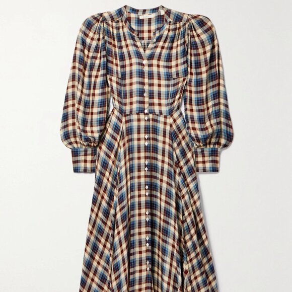 NWT DÔEN Edlynne Plaid Balloon-Sleeve Midi-Dress Size M - Picture 2 of 4